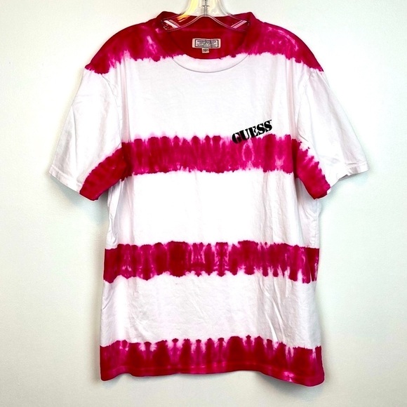 GUESS Stripe Pink & White Tie-Dyed Logo T-Shirt - Picture 5 of 11